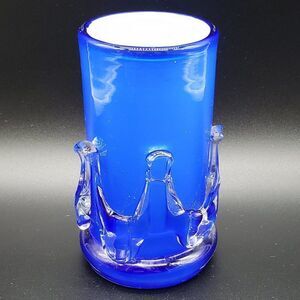 Murano Style Vintage Cobalt Blue White Cased Clear Rigaree Art Glass Vase